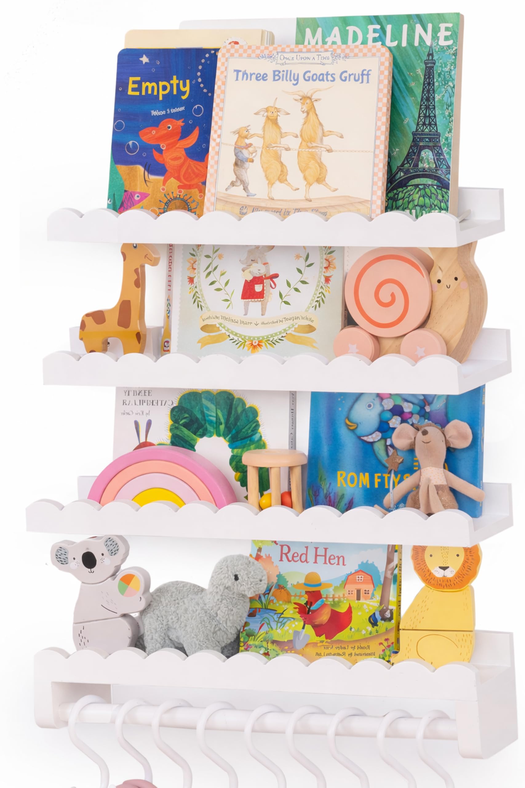 Hommli Nursery Book Shelves, Scalloped Shelves, 4-Pack White Set with 1 Hanging Rod and 8 S-Hooks for Kids’ Rooms and Baby décor