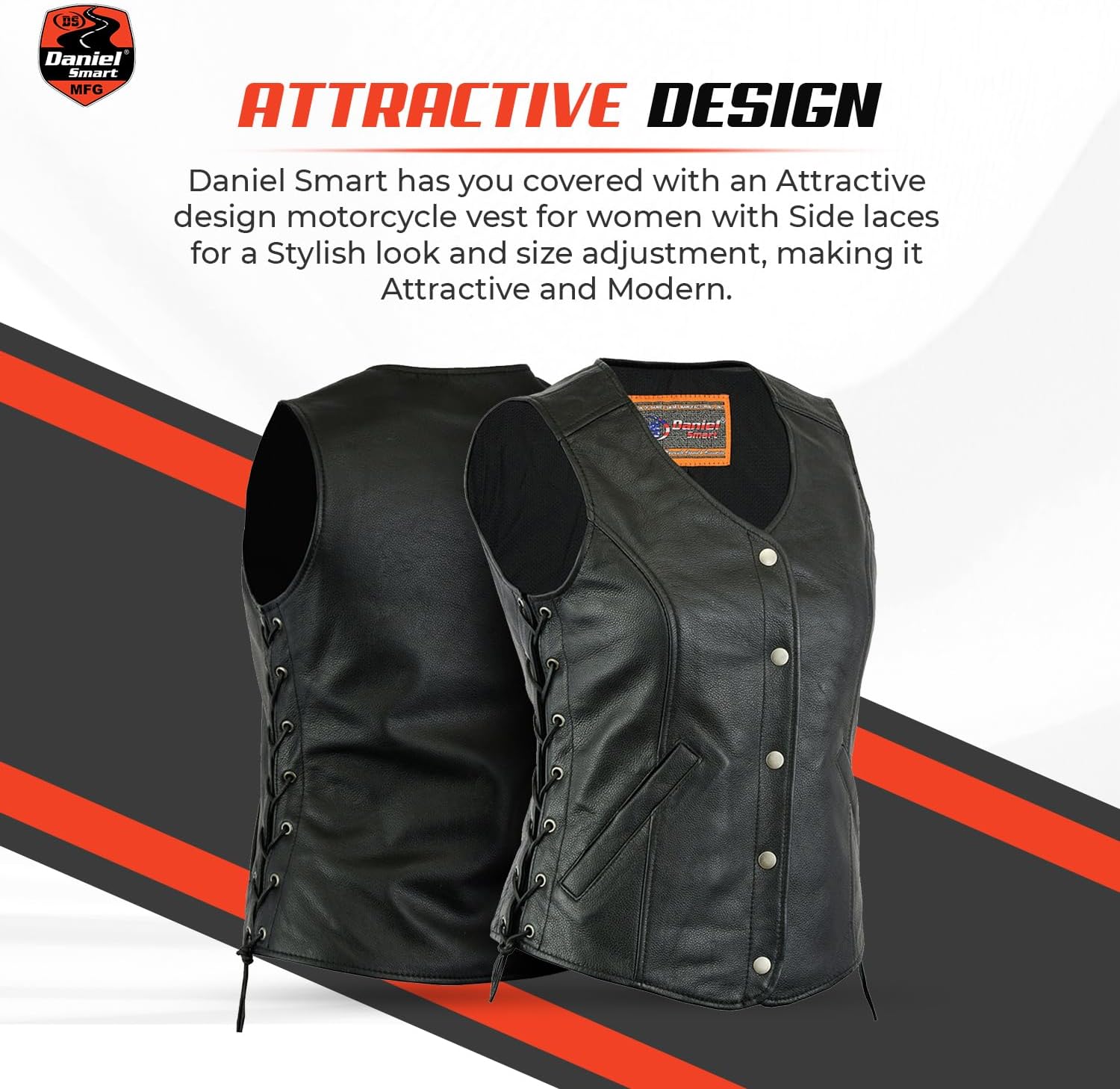 Daniel Smart Biker Vest for Women Genuine Cowhide Open Neck Black Leather Vest with Stylish Side Lace & Multiple Carry Pocket - Image 4
