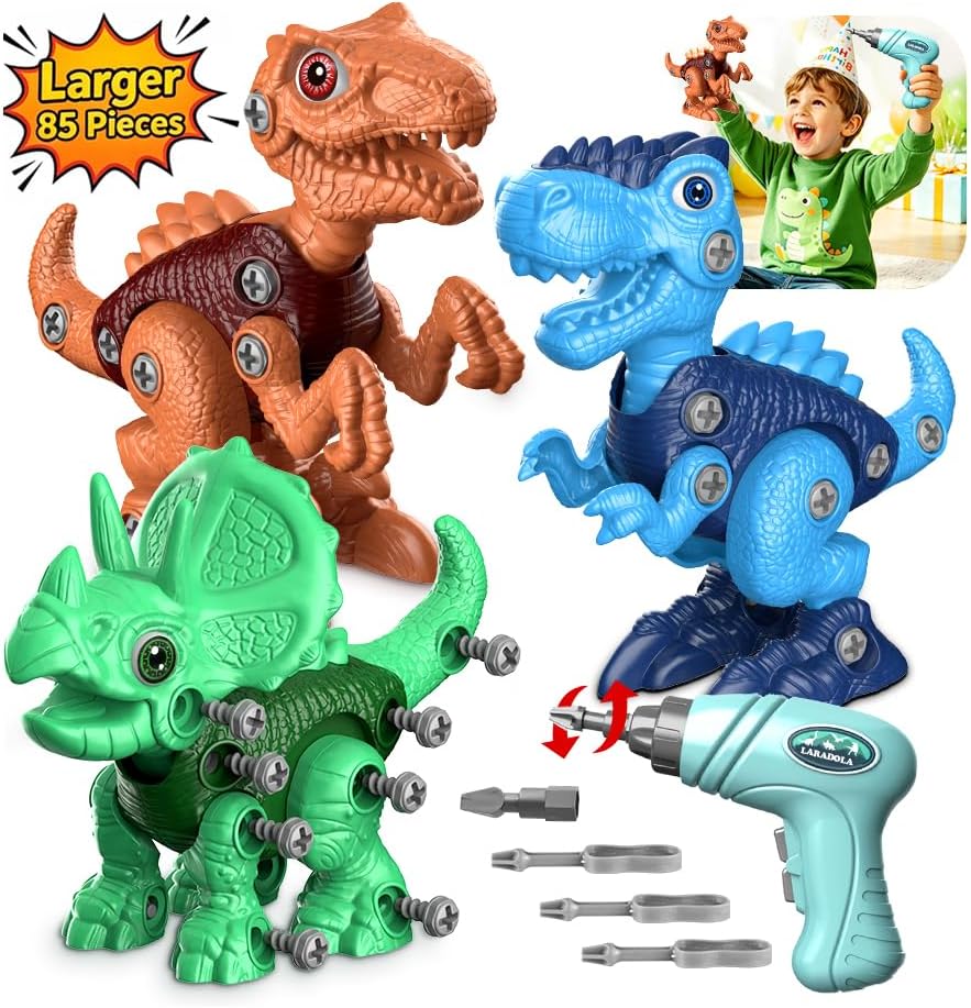Take Apart Dinosaur Toys for Kids: 85 Pieces 3-Pack Dinos & Electric Drill