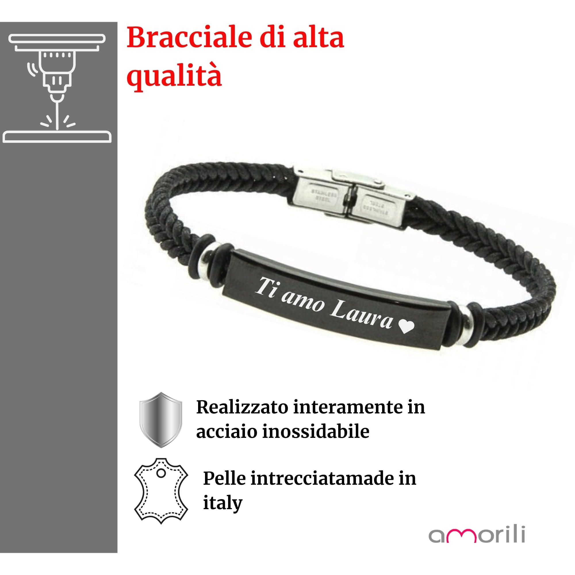 Bracciale Uomo in Pelle con Piastra in Acciaio Inox Personalizzato | Personalizzabile con Incisione | Gioiello Maschile Elegante e Resistente | Idea Regalo per Lui bcc2740
