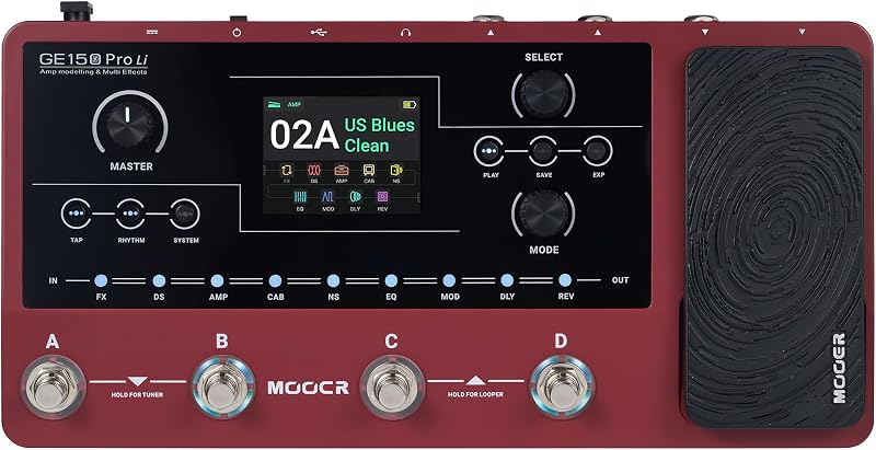 MOOER GE150 Pro Li Plum Battery Powered Guitar Multi Effects Pedal for Live Performance & Busking, 200 Presets, 4-Footswitch for Easy Bank Switching, NAM, MNRS, 20 IR Slots, OTG Recording
