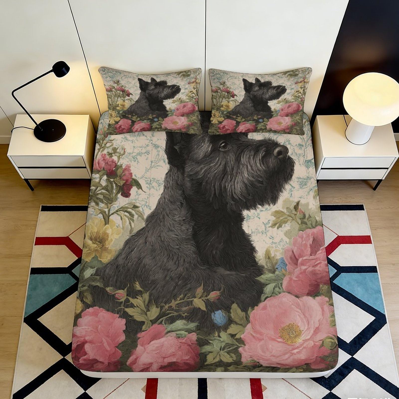 3D Printed Black Scottish Terrier Dog Fitted Sheet Microfiber Floral Art Bed Cover Bedroom Decor Mattress Protector 200x200x25cm