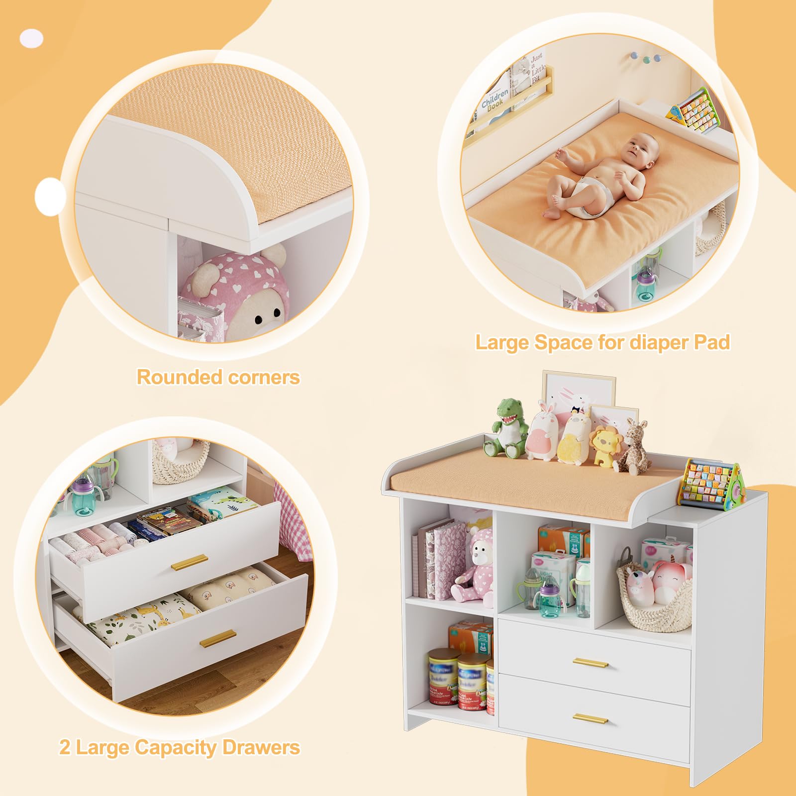 MSFE Cambiador bebe 2 en 1 Mueble Cambiador Bebe, Cómoda con Desmontable Comoda Cambiador, 2 Cajones y 3 Compartimentos, Cajonera de 94.7x40x81.2cm, Blanco
