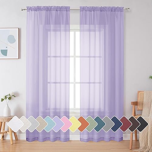 Simplebrand Lavender Sheer Curtains 72 Inches Long 2 Panels for Living Room, Rod Pockets Airy Window Treatments Voile Sheer Black Curtains Panels Lightweight for Front Back Patio Glass Door, 42" Width