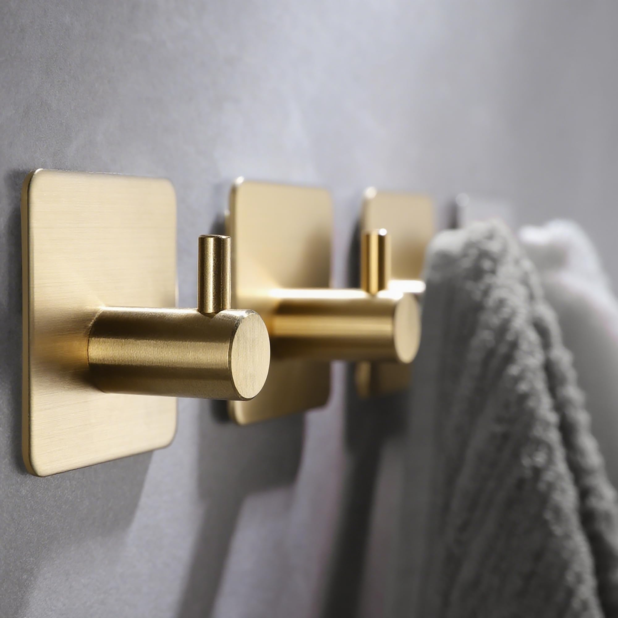 YIGII Adhesive Hooks, 4 Pack Stainless Steel Towel Hooks Heavy Duty, Sticky Wall Hook for Hanging Robe, Coat, Clothes, Waterproof (Gold)