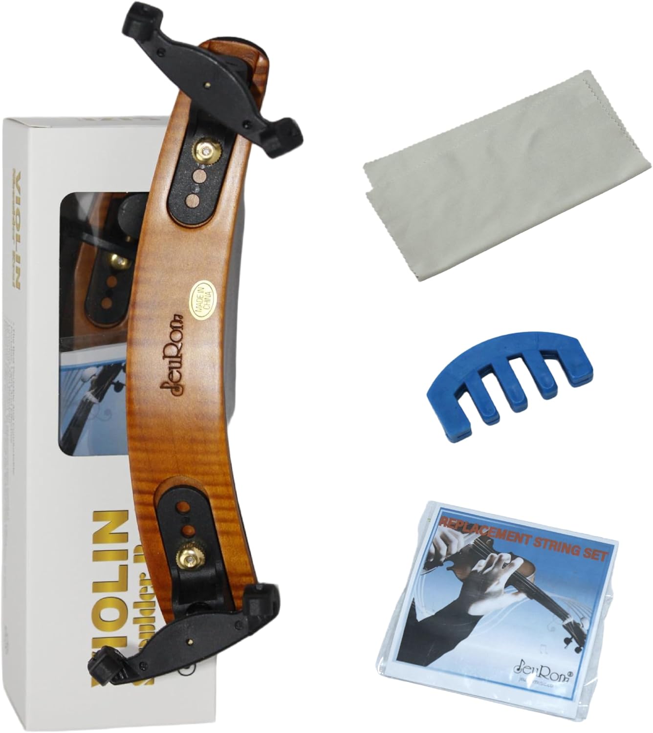Professional Violin Shoulder Rest, Adjustable for 4/4 & 3/4 Size - Cushioned & Non-Slip Support with Practice Mute, Polishing Cloth, Strings, Gift Box (JEUJT01)