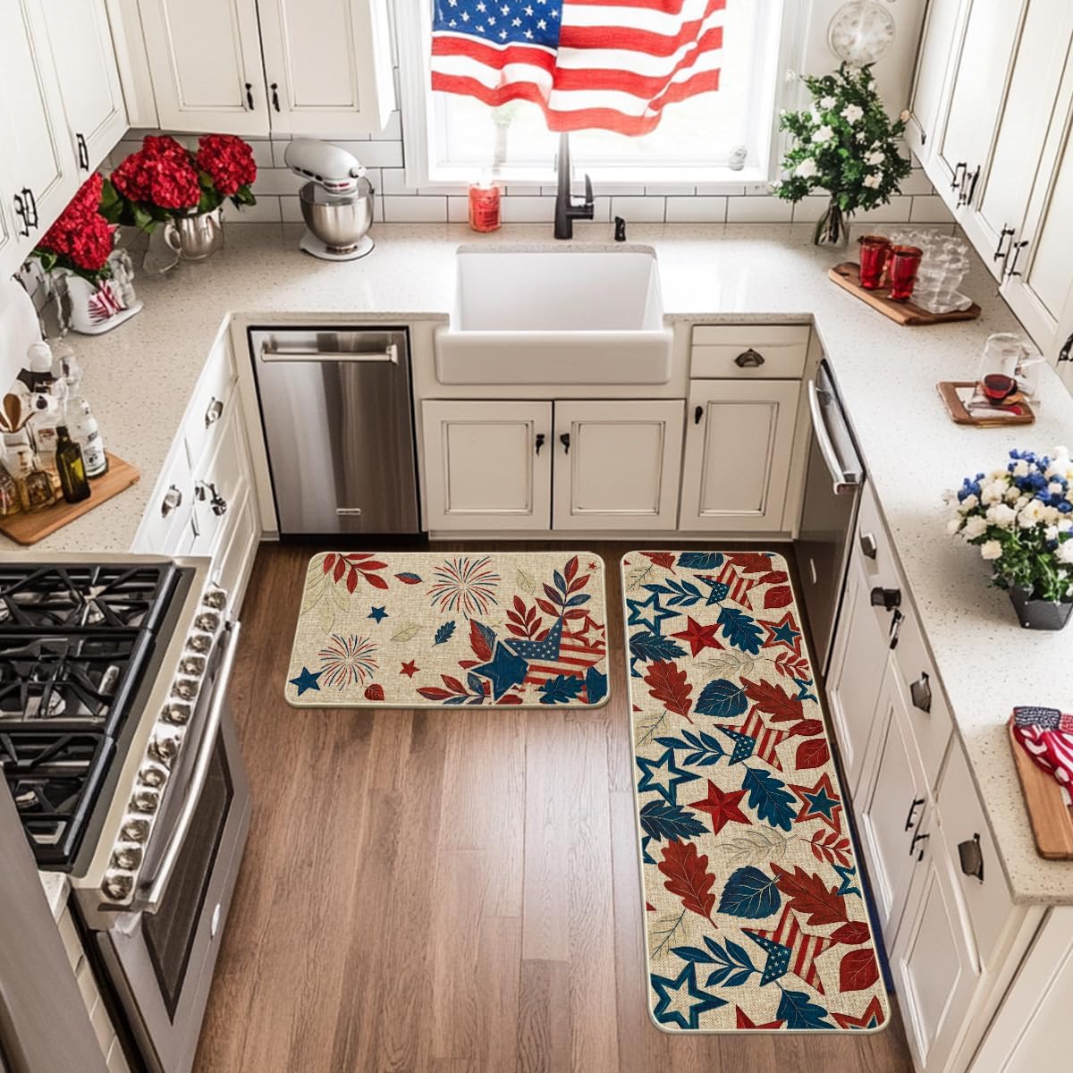 Artoid Mode American Flag Stars Leaves Freedom Patriotic 4th of July Kitchen Mats Set of 2, Memorial Day Home Decor Kitchen Rugs for Floor - 17x29 and 17x47 Inch