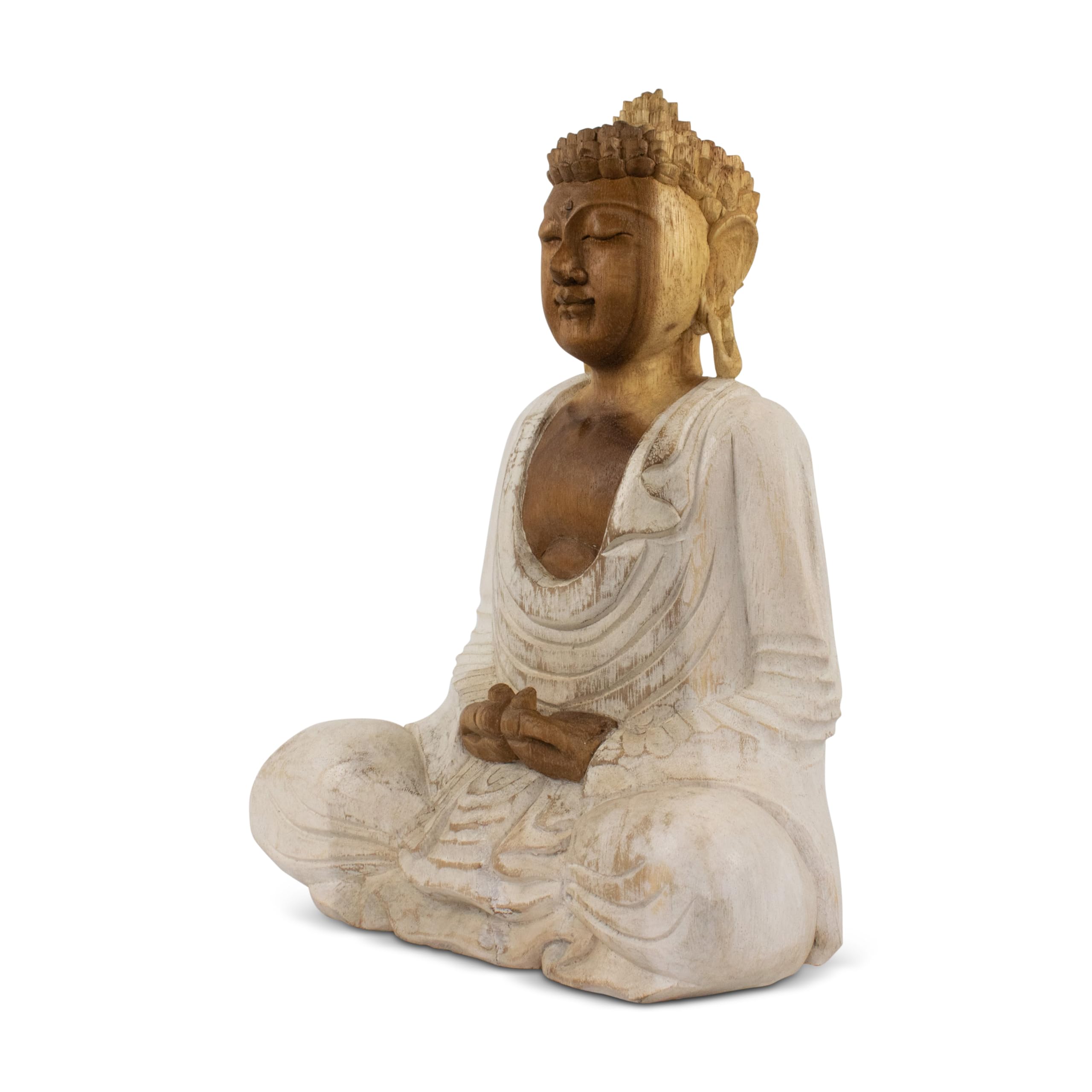 G6 Collection Statue de Bouddha en bois faite à la main en méditation sereine - Sculpture artisanale - Décoration d'intérieur (30,5 cm de haut - Blanchie)
