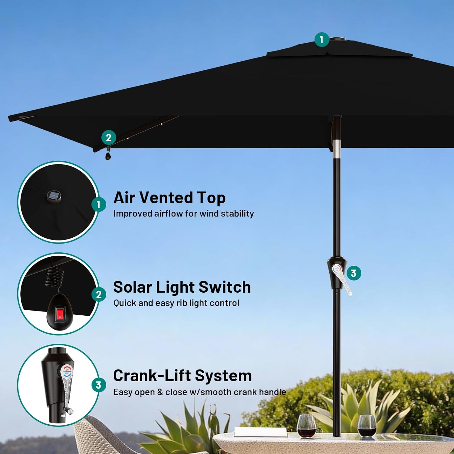 areshark 6.5' x 10' rectangular patio umbrella with solar lights, solar powered lighted market umbrella w/tilt and crank, outdoor table umbrella for garden, deck, backyard, pool and beach, black black 6.5 x 10 ft