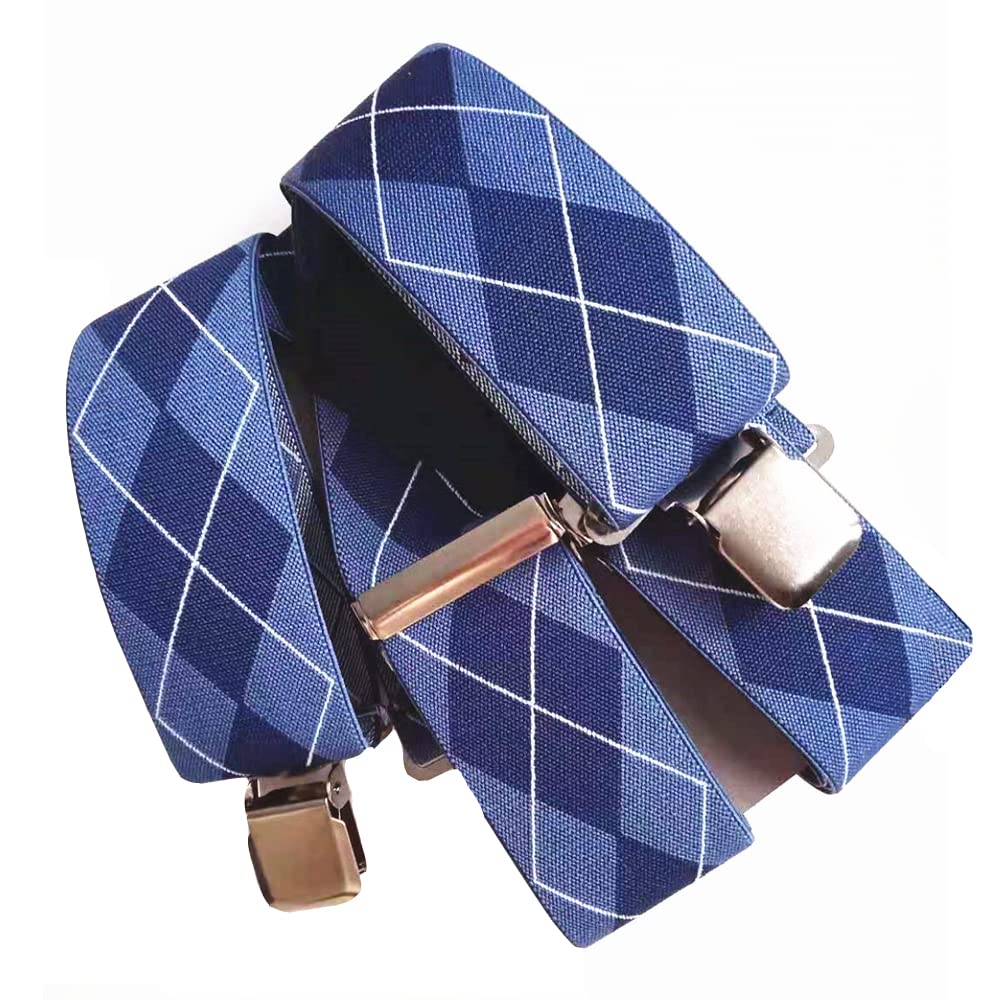 YYKSYDPT Men's Braces with Very Strong 4 Metal Clips 50 MM Wide Heavy Duty Suspenders X Style Adjustable Elastic Suspender Heavy Duty Mens Braces (Blue Plaid)