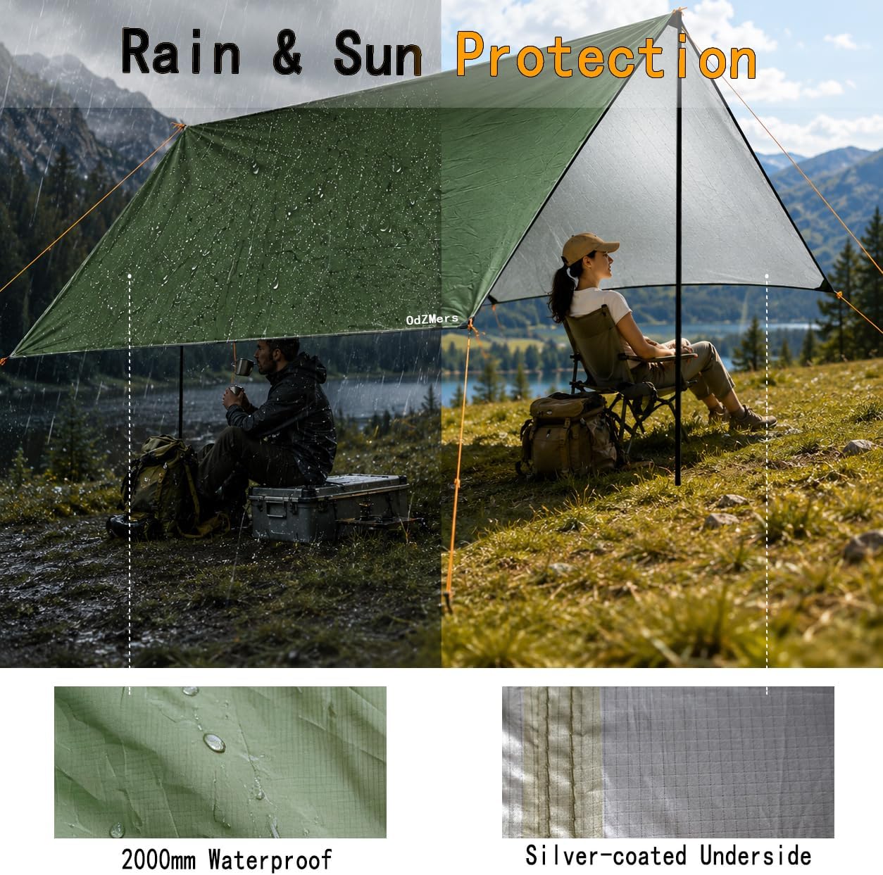 OdZMers Waterproof Camping Tarp, 10 x 10 ft Hammock Rain Fly Shelter, 210T Sun Shade Kit with Stakes, Guy Lines and PE Hammer