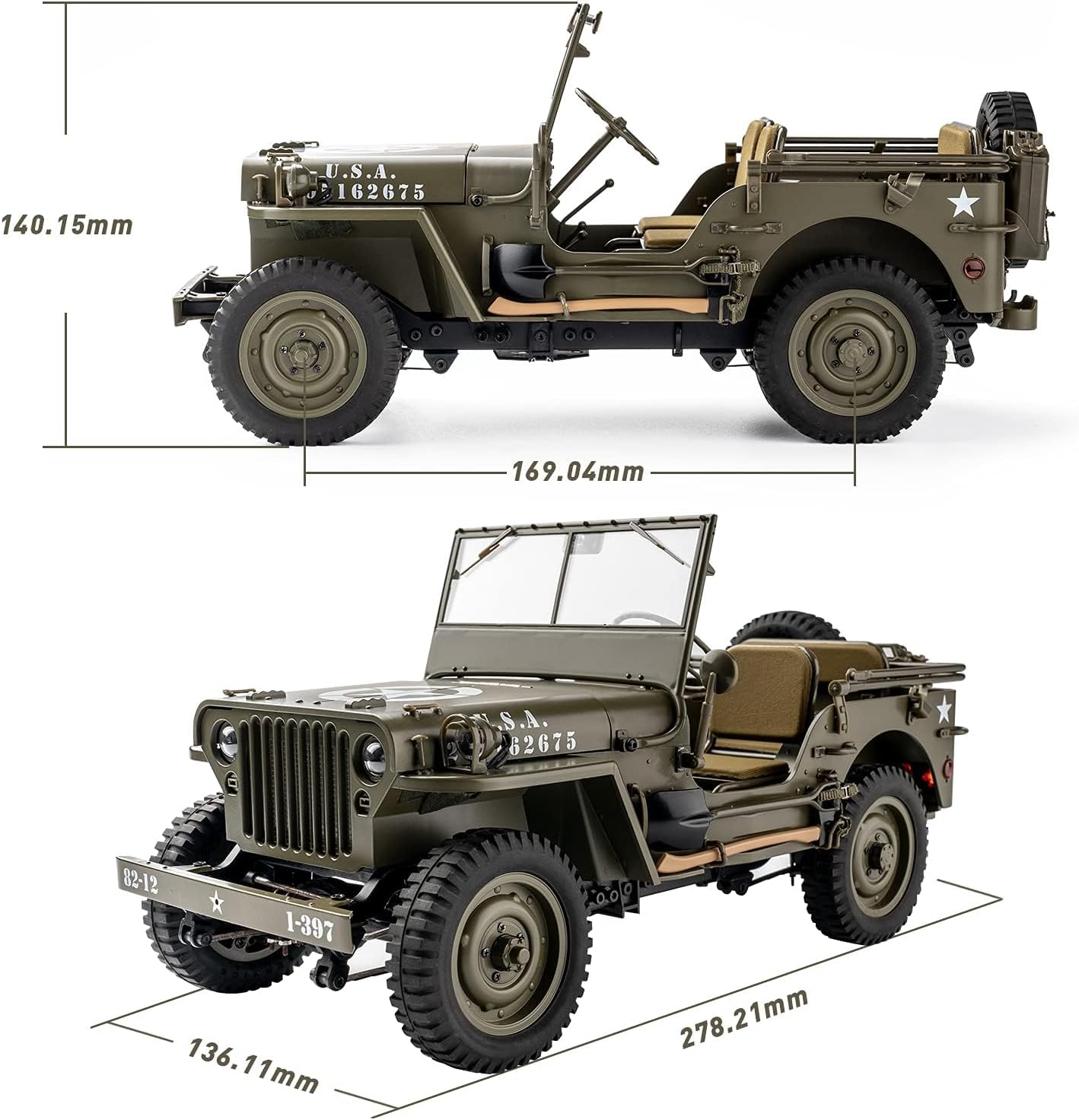 Dimensional drawing of the FCX RocHobby 1/12 1941 Willys MB Scaler RC Jeep, showing length, width, and height measurements.