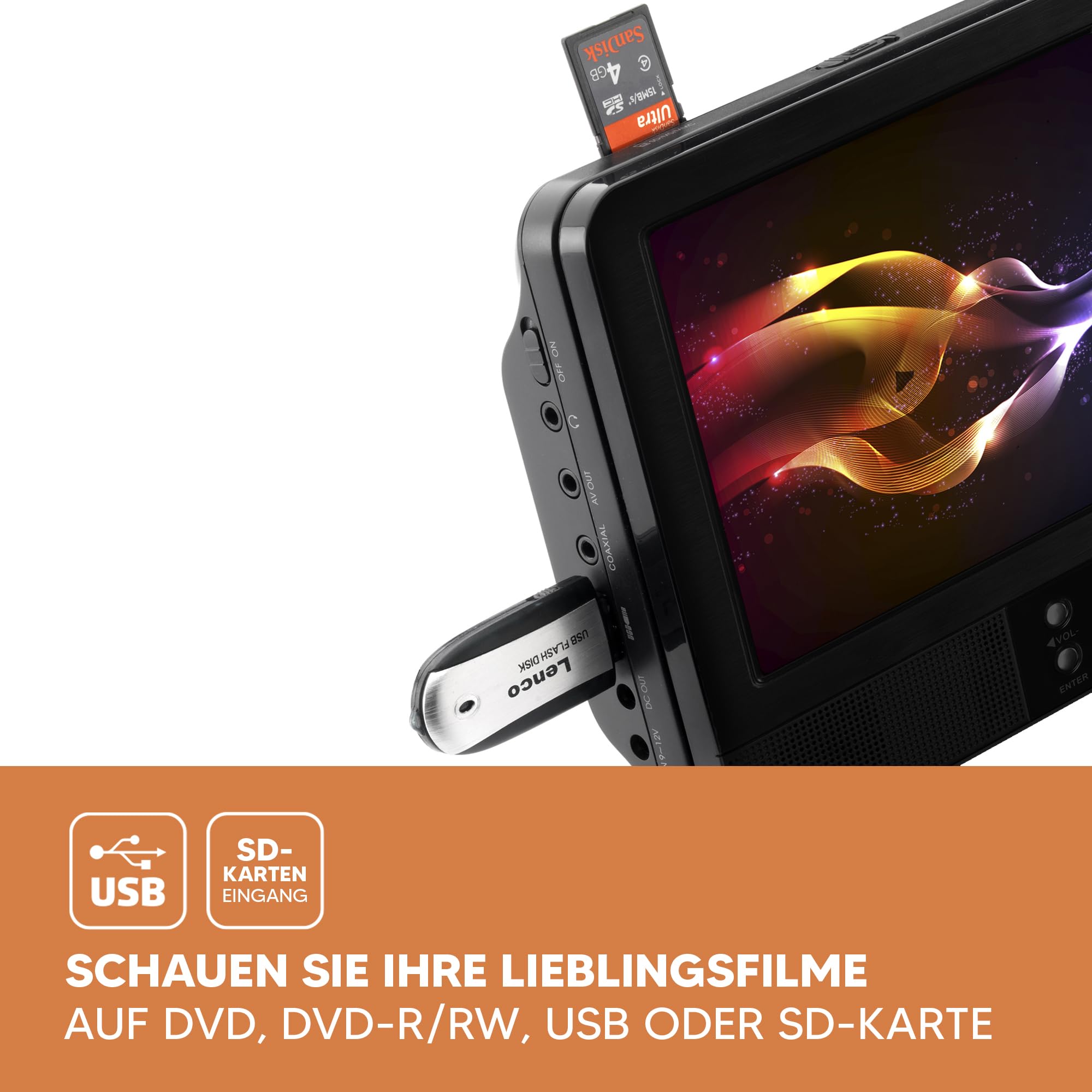 Lenco DVP-939 - Lettore DVD portatile da 2 x 9 pollici con 2 cuffie e 2 supporti per poggiatesta - batteria ricaricabile integrata - ingresso USB - lettore di schede SD - nero