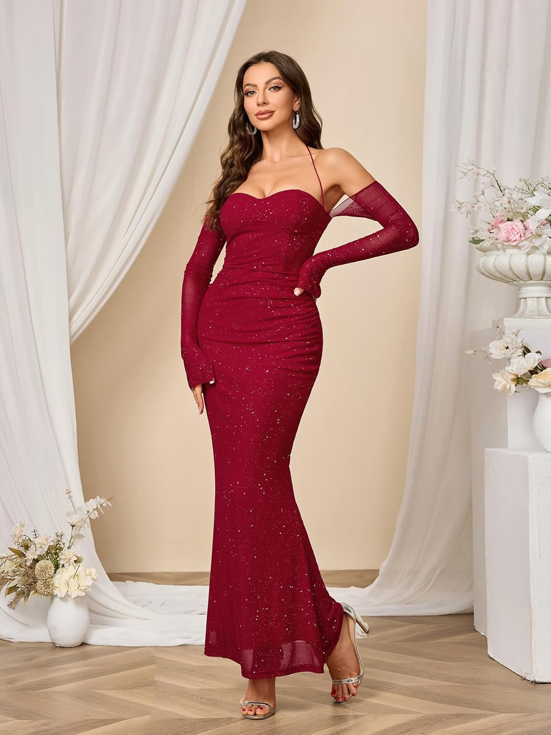 Parthea Women’s Sexy Sequin Sparkly Glitter Dresses Off Shoulder Long Sleeve Cocktail Evening Party Elegant Maxi Dress - Image 4