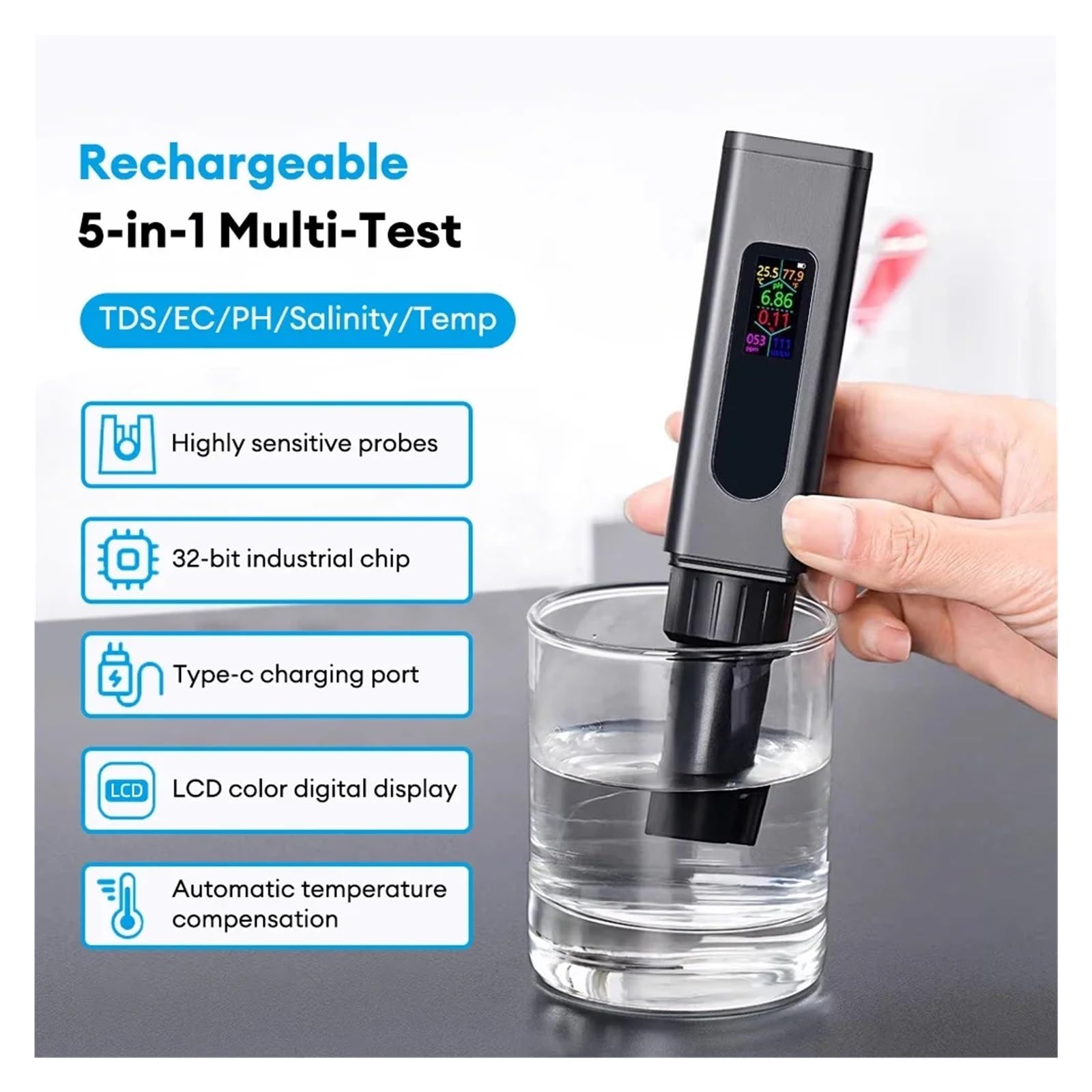 Tester Digitale di qualità Del'acqua Potabile 5 in 1 Ad Alta Precisione for Salinità/CE/Temperatura/TDS/PH Carica Tipo C Controllo Accurato Semplice