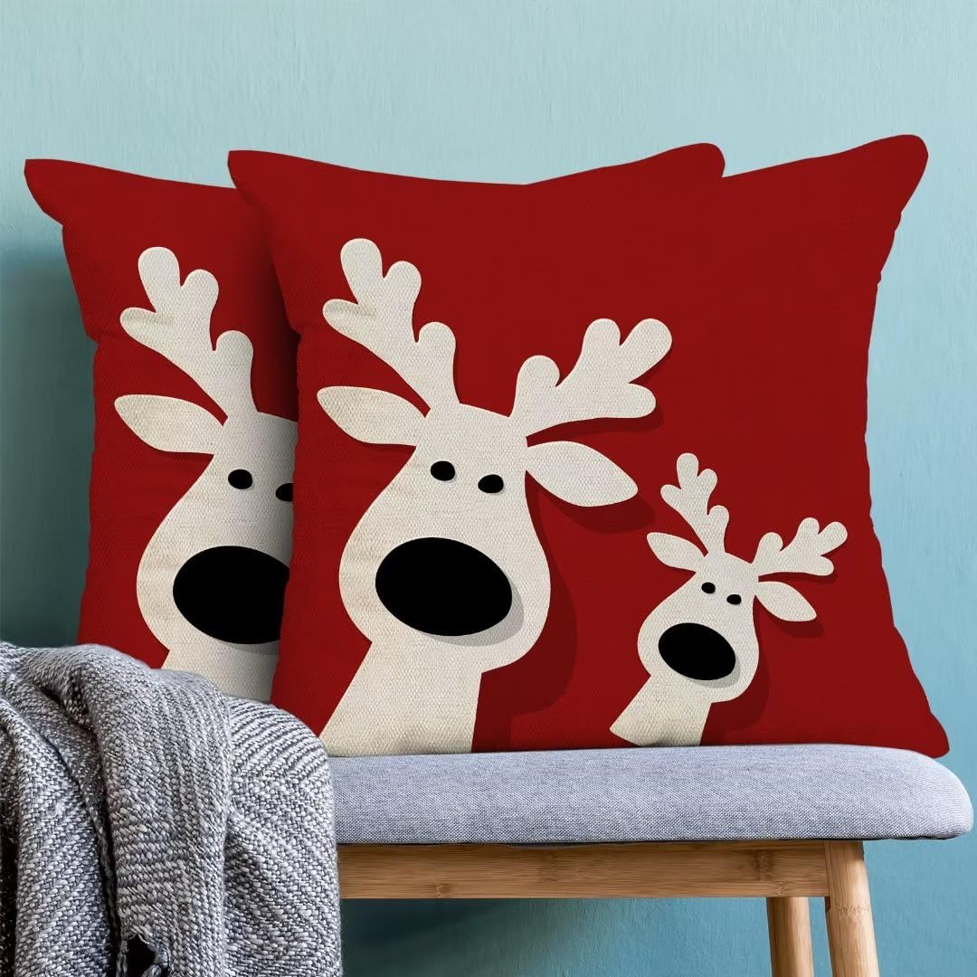 2 Weihnachts-Kissenbezüge 40x40 Cm – Rotes Elch & Hirsch Design, Leinen, Mit Unsichtbarem Reißverschluss