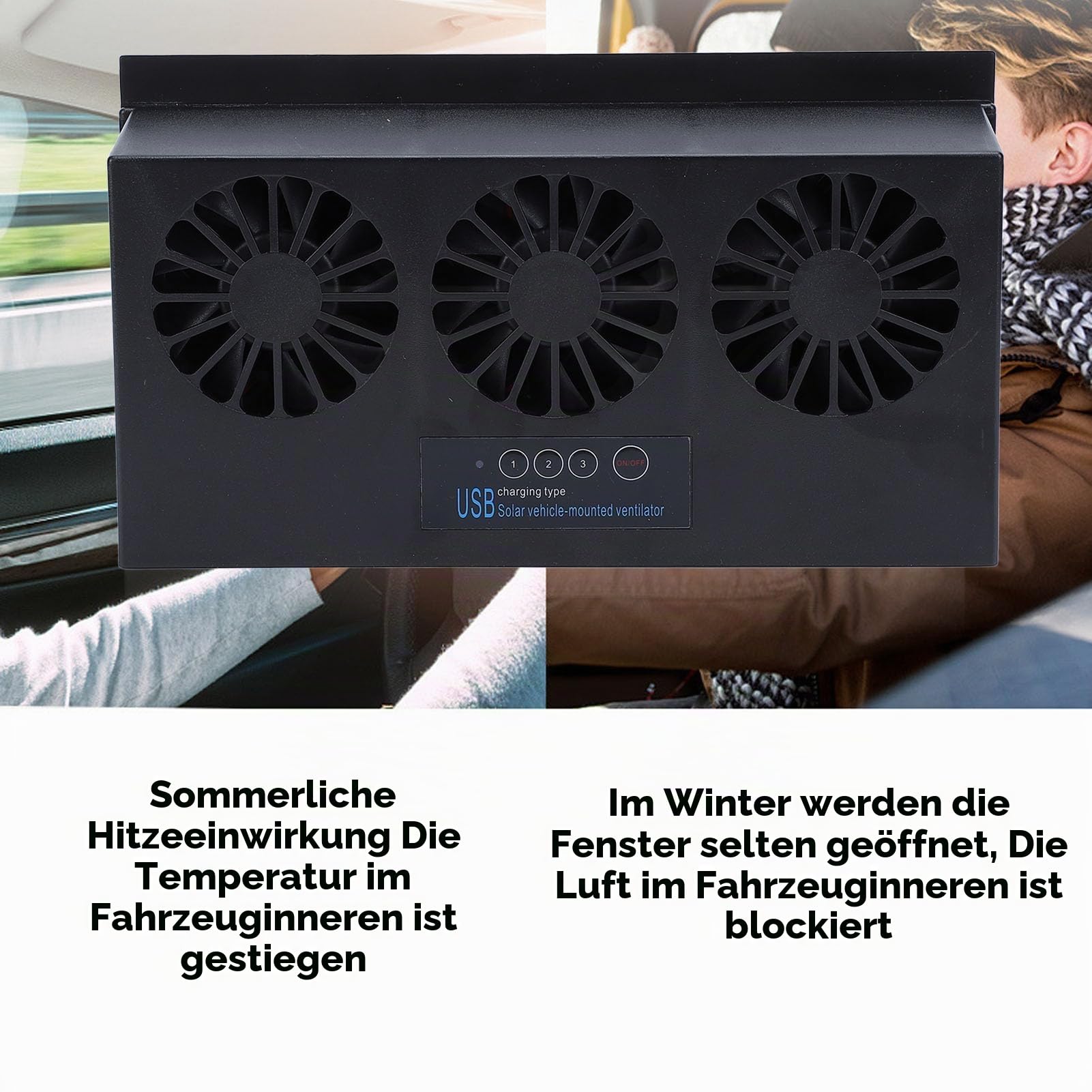 Auto-Abluftventilator, 4500 U/min, 3 Ventilatoren, Solarbetrieben, Auto-Lüftungsgitter, Kühlerventilatoren, USB-betrieben, Energiesparend, Leise, Autofenster-Kühler, Luftreiniger