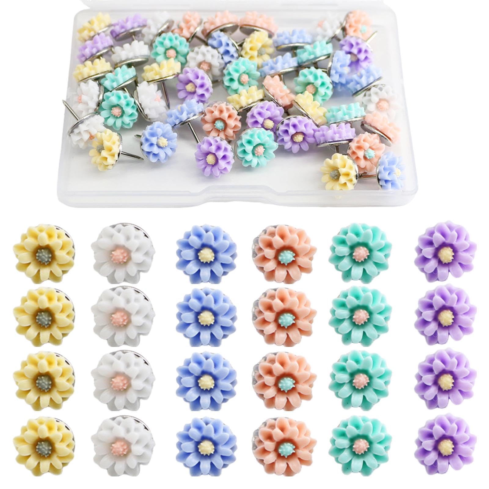 48pcs Round Hanging for Wall Daisy Shaped Head Push Pin Photos Flat Thumbtack Push Pins for Wall Hangings,School, Home