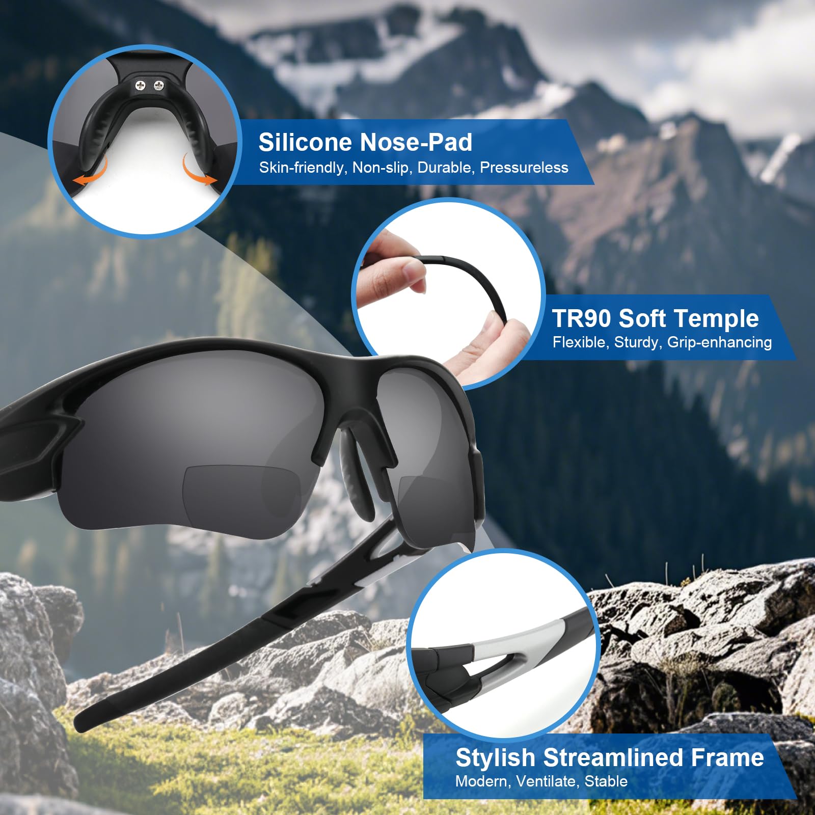 occhiali da sole da lettura bifocali uomo top TR90 con design a metà cornice avvolgente, lettori di sole UV400 per esterni