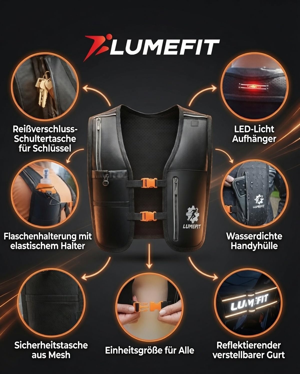 LUMEFIT Laufweste für Damen & Herren inkl. 500ml Trinkflasche - Trinkrucksack zum Laufen und Joggen Atmungsaktiv & Reflektierend - Laufrucksack Weste | Trinkweste Rucksack | Running Vest