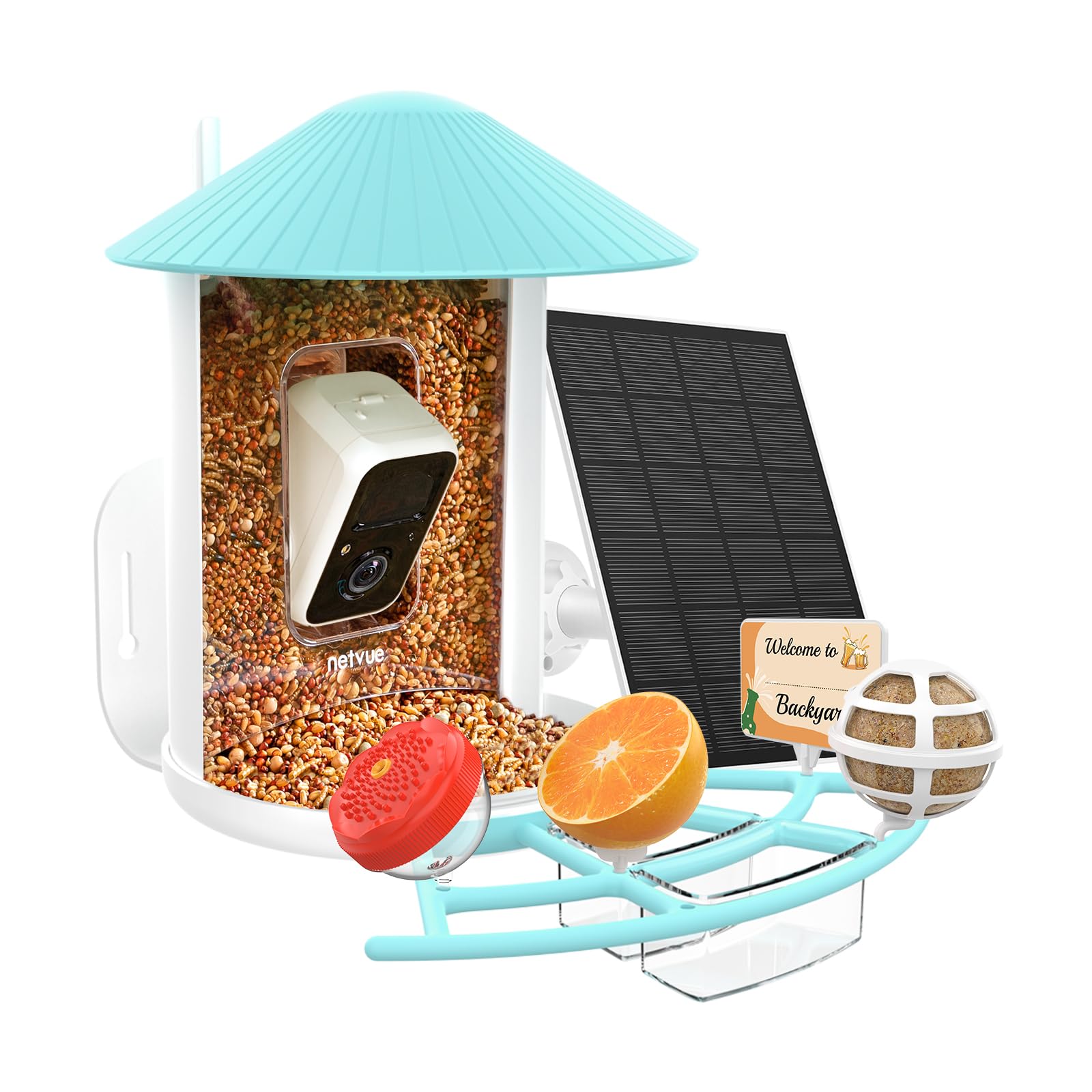 Netvue Birdfy Comedero Pajaros con Camara, Comedero Pajaros Exterior con Soporte Multifuncional, Captura Automática de Imagen/Videos de Aves, Cámara WiFi Inalámbrica + Panel Solar, Impermeable IP65