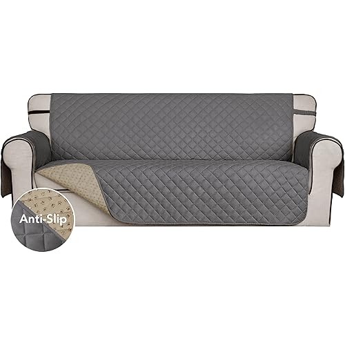 Super Anti-Slip Covers for 3 Cushion Couch Water Resistant Quilted Sofa Slipcover Furniture Protectors for Dogs, Pets, Kids ( Gray)