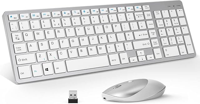 Rechargeable Wireless Keyboard and Mouse Set, Slim Thin 2.4G Cordless Small Keyboard with Numeric Keypad & Silent Mouse Combo for Windows Computer, Laptop, PC, Desktop, QWERTY UK Layout, Silver