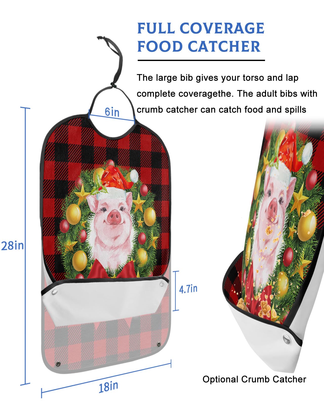 LEOKOTI Christmas Wreath Adult Bibs for Eating, Waterproof Bibs with Food Catcher & Adjustable Snap Closure, Red Black Plaid Farm Pig Washable Clothing Protectors Adult Bibs for Elderly Women/Men