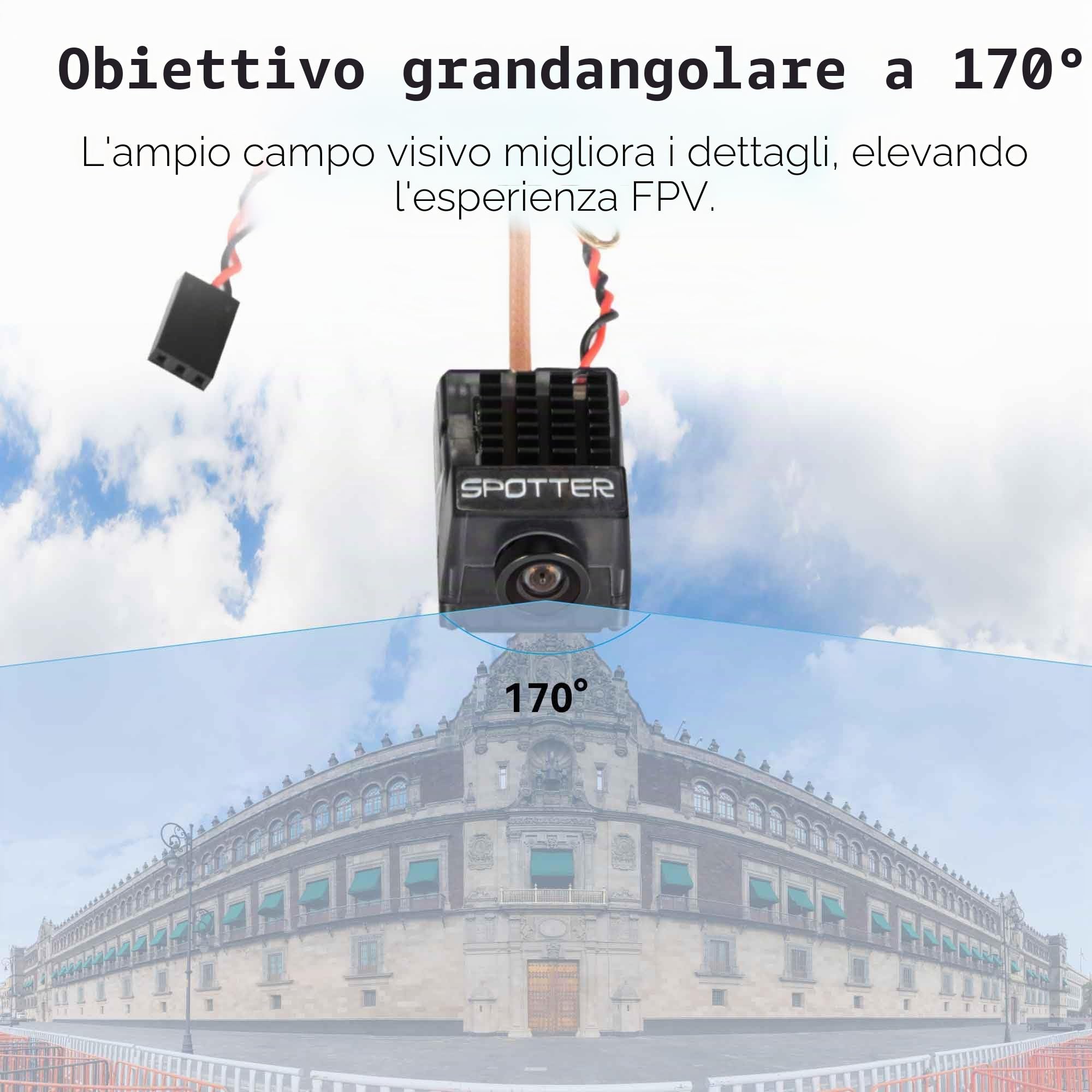 RunCam Spotter V2 FPV 5.8G Micro AIO Cam, OSD, microfono integrato, FOV170°, 700TVL, 40CH, 20MW-200MW, regolabile