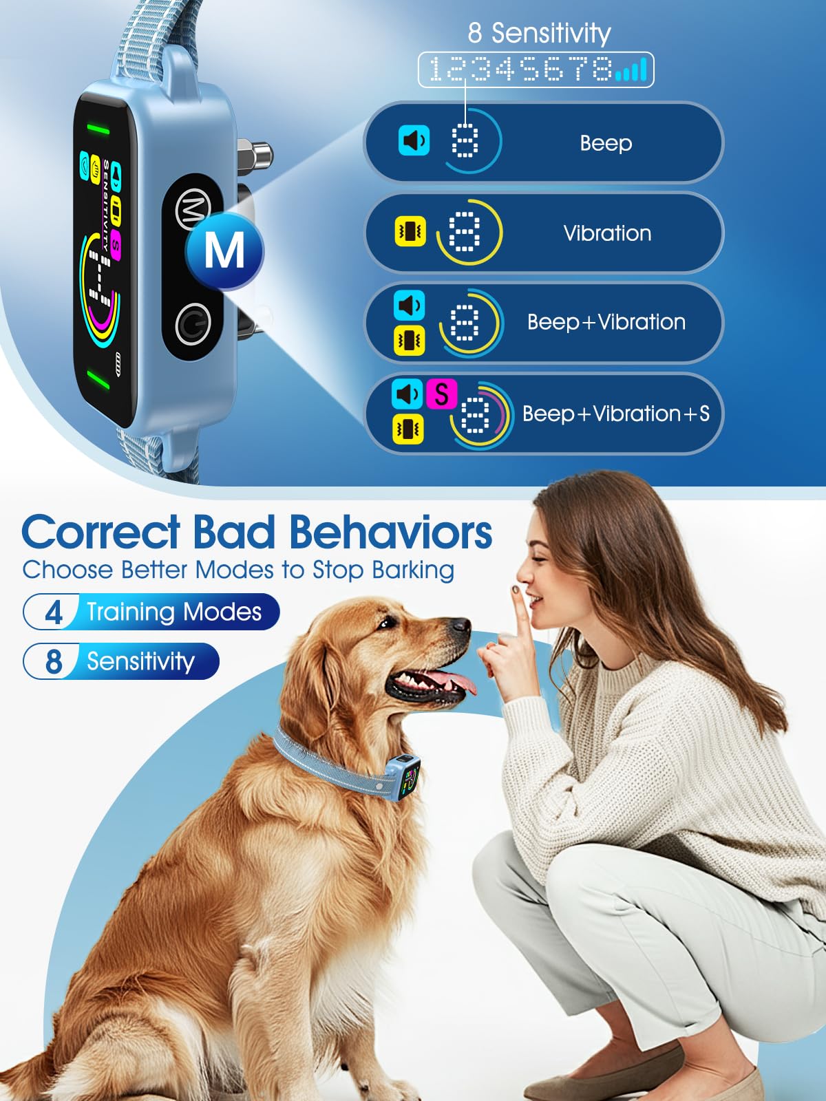 DINJOO Collar de ladridos para perros grandes, medianos y pequeños, Smart AI 1S para detener los ladridos, dispositivo antiladridos y collar de entrenamiento para perros con pitido, vibración y