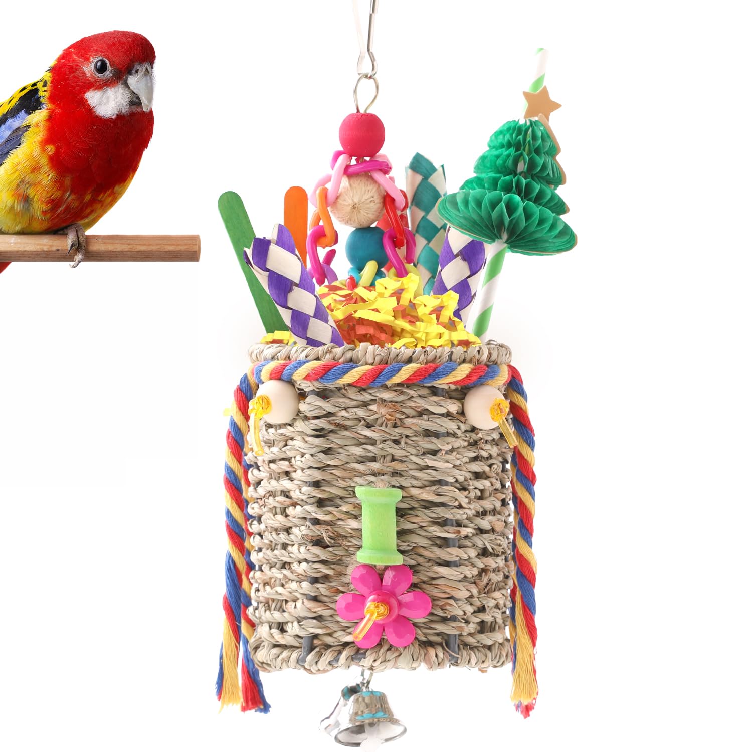 RLRICH Bird Toys Parrot Foraging Toys, Seagrass Basket Bird Chewing Toys with Colorful Tearing Paper Bamboo Fingers Natural Nut Wooden Blocks for Small Medium Parrot Bird