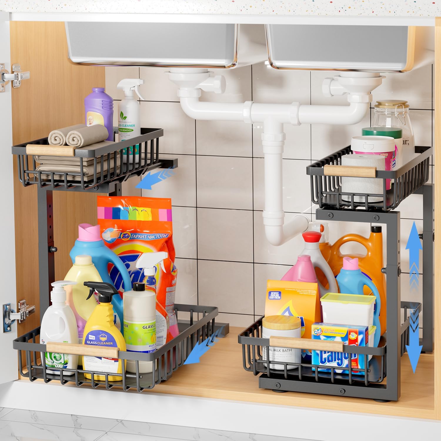 Bnimtm Kitchen Storage & Organisation, 2 Pack Under Sink Storage, Two Tiers of Pull-Out and Freely Adjustable Height Under Sink Organiser, Beautiful and Sturdy, Black