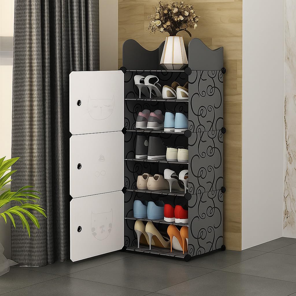Strassis Design Plastic Shoe Rack for Home | 6 Shelf DIY Shoe Rack with Door Magnets for Home Storage Plastic Box Organizer, Metal Door Frame, Chappal Slipper Sandals Stand (3 Door,Black)-image-30