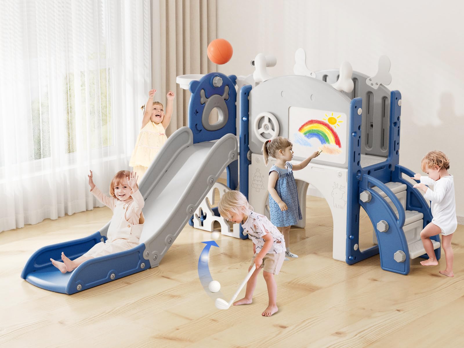 Toddler Slide,12 in 1 Kids Slide for Toddlers 1-3 (Blue White) | , New Upgrade with Golf Set, Basketball Hoop, Drawing Board for Indoor Outdoor Playset,Toddler Playground