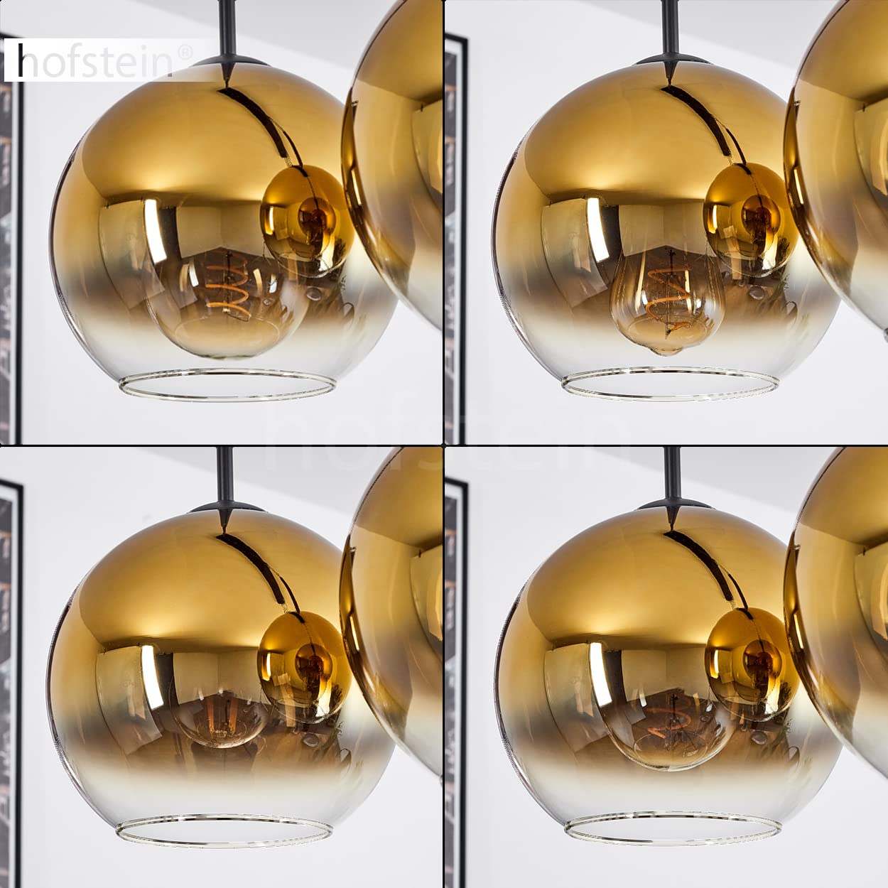 Lampada a sospensione Koyoto, lampada in metallo/vetro in nero/oro/chiaro, lampada a 3 luci in design vintage/retrò con paralumi in vetro (Ø 20 cm), altezza massima 152,5 cm, 3x E27, senza lampadina/e