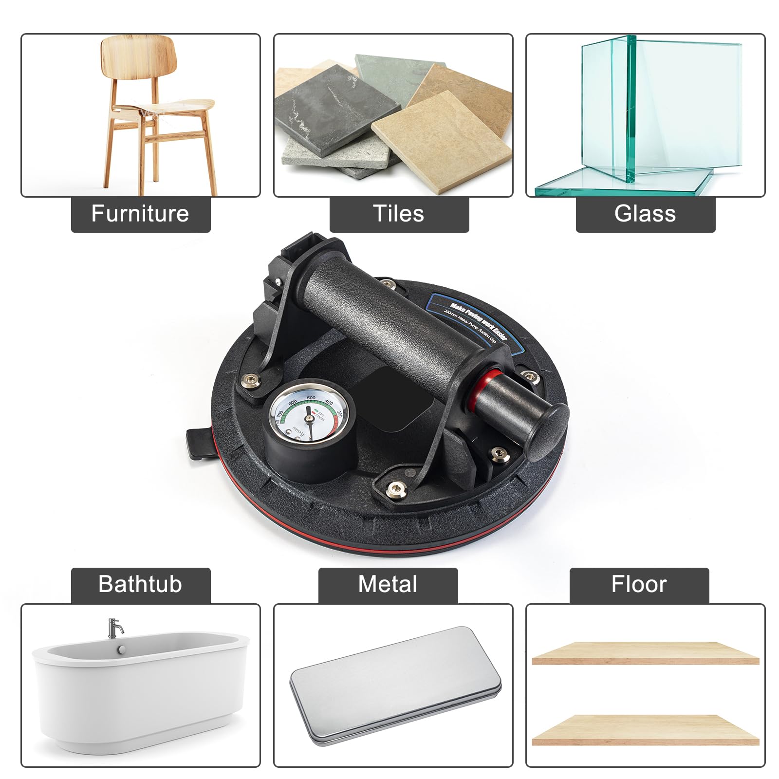Pack de 2 Ventosas de Vacío de 8" con Manómetro, Potentes Ventosas para Trabajos Pesados en Vidrio, Azulejos, Aptas para la Industria de Manipulación de Materiales (Carga Aprox. 150kg/330lbs)