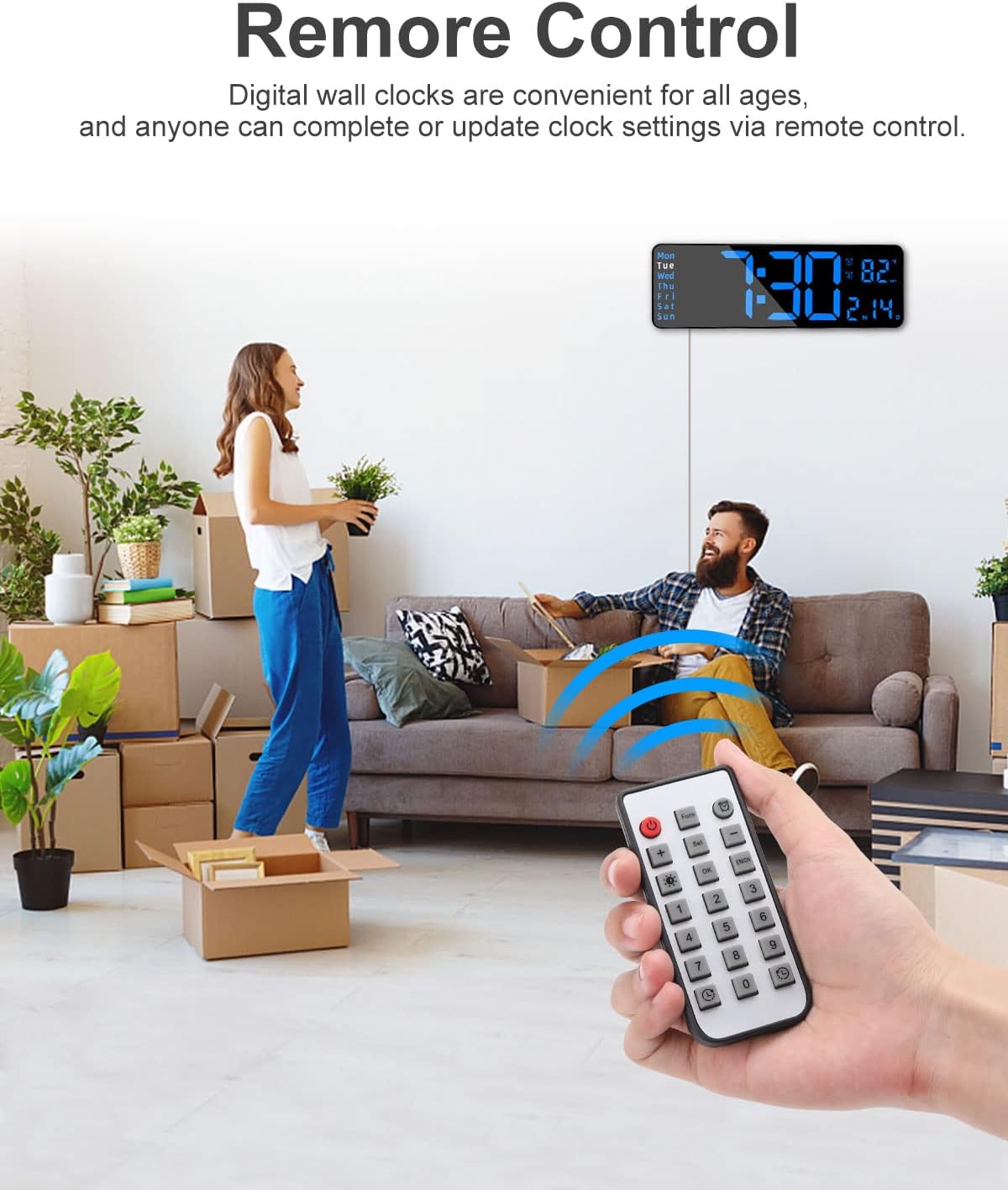 JoFomp 13-inch Digital LED Alarm Clock showing two different alarm times for different users.