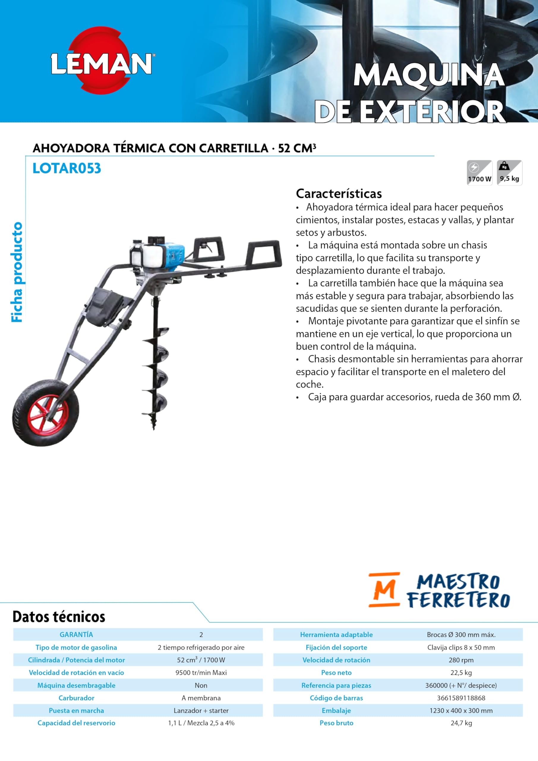 LEMAN - Ahoyadora Térmica LOTAR053, 52 cm³, 1700 W, Carretilla para Facil Transporte, Brocas Ø 300 mm Máx