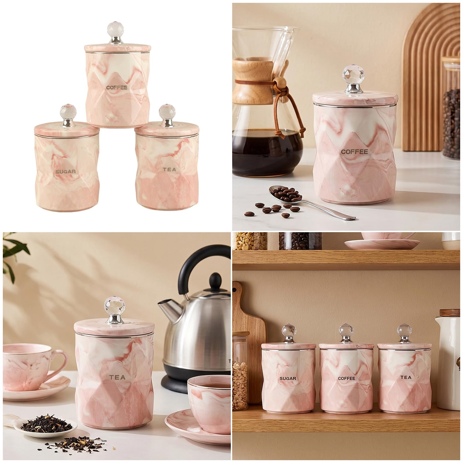Wunderschönes Keramikkanister Set mit Marmoreffekt, 3er Set, um, Kaffee, Zucker trocken und frisch zu halten Keramik Vorratsdose für die Küche