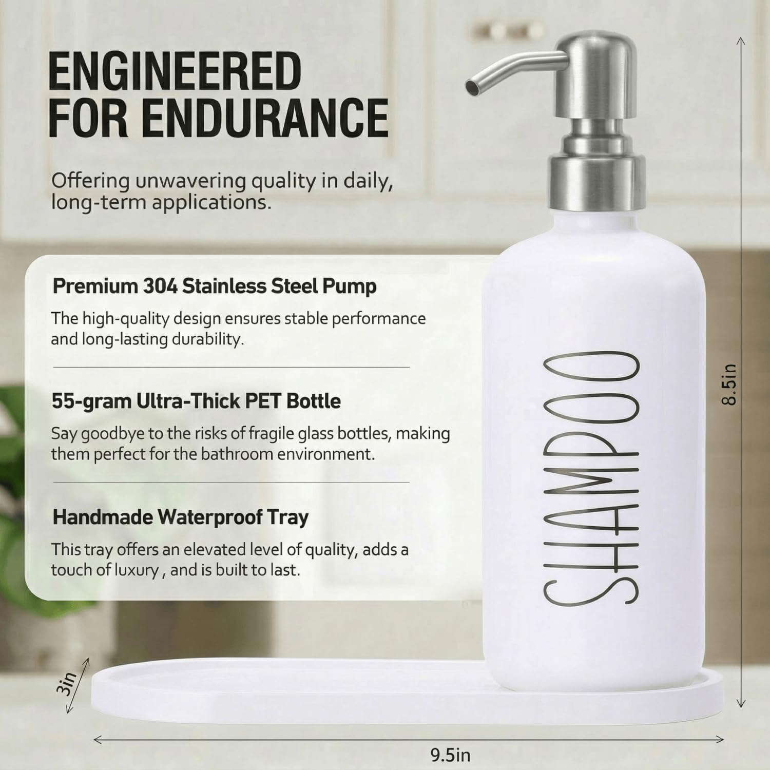 MOMEEMO Flaconi ricaricabili per shampoo e balsamo con vassoio, dispenser per shampoo doccia per doccia, dispenser per bagnoschiuma, dispenser per shampoo, balsamo con pompe in acciaio inossidabile