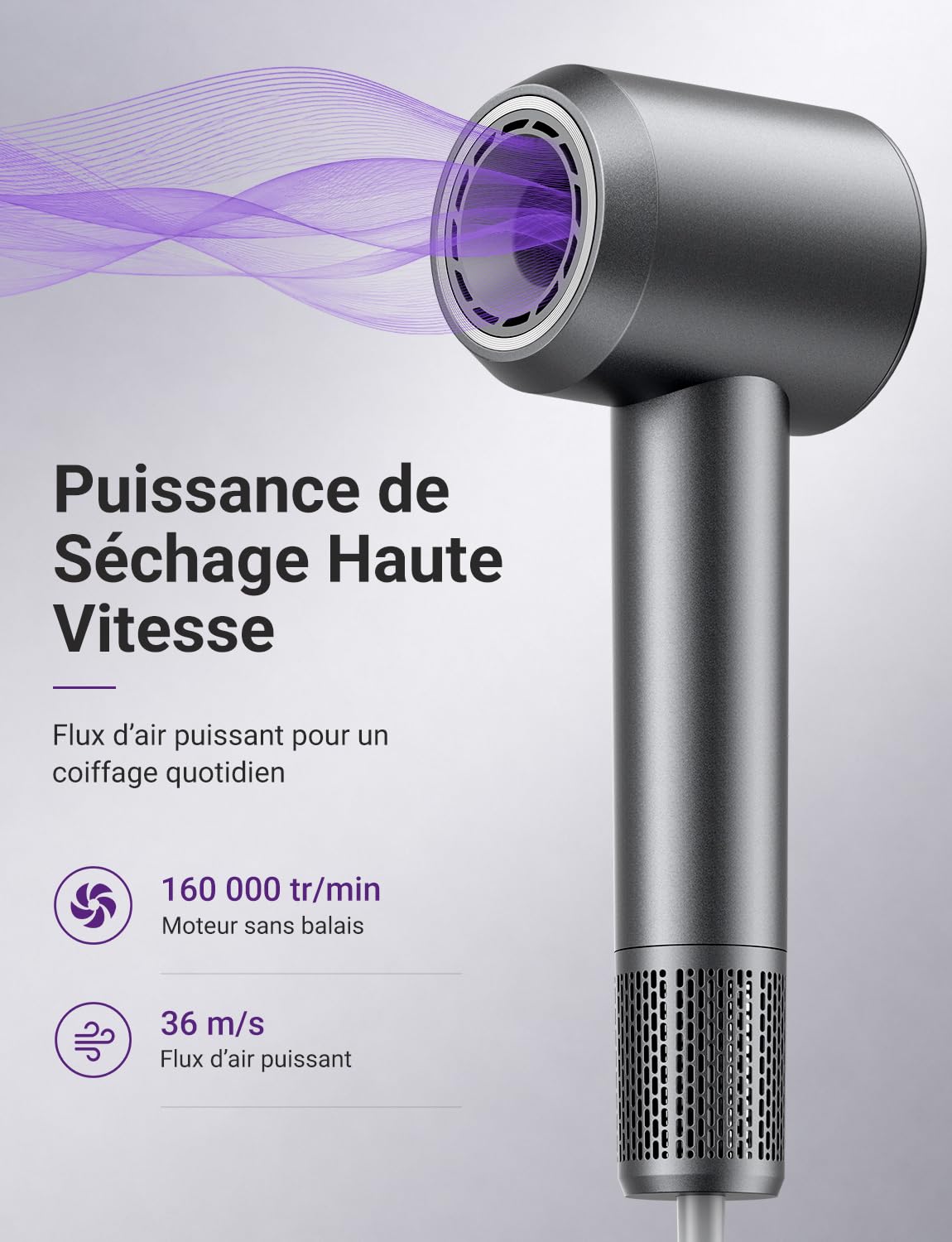 Sèche Cheveux Ionique Haute Vitesse 160000 tr/min 500 Millions d’Ions Anti-Frisottis Sèche-Cheveux avec Diffuseur Magnétique pour Cheveux Bouclés Séchage Rapide 4 Températures 3 Vitesses