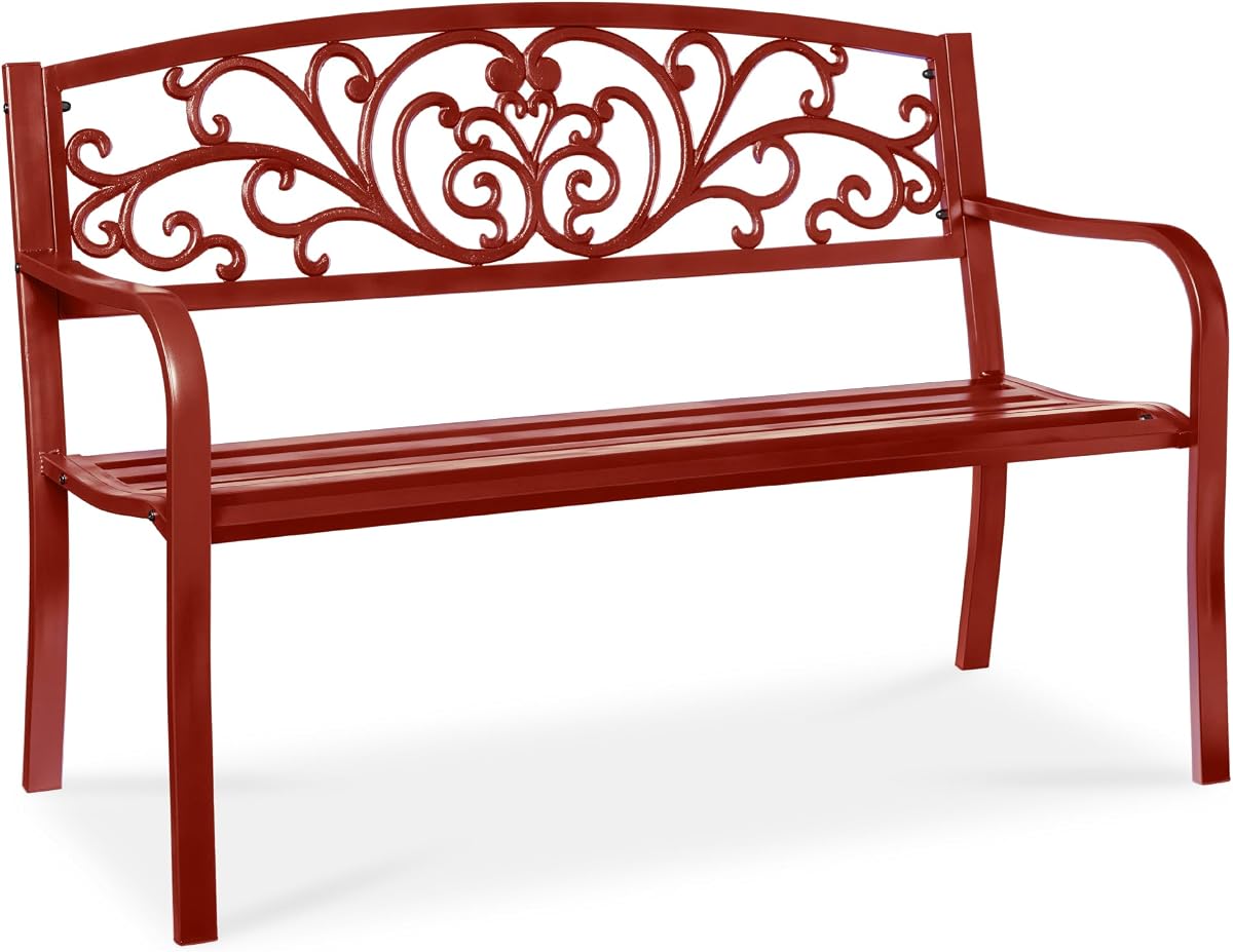 Best Choice Products Banco para exteriores, muebles de acero para jardín, patio, porche, para césped, parque, terraza con respaldo de diseño floral, asiento de listones - Óxido
