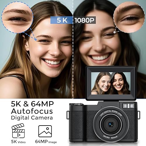 Miniatura 2 de 5K Digital Camera for Photography 64MP WiFi Vlogging Camera for YouTube Auto-Focus Video Camera with Flip Screen Compact Digital Cameras with