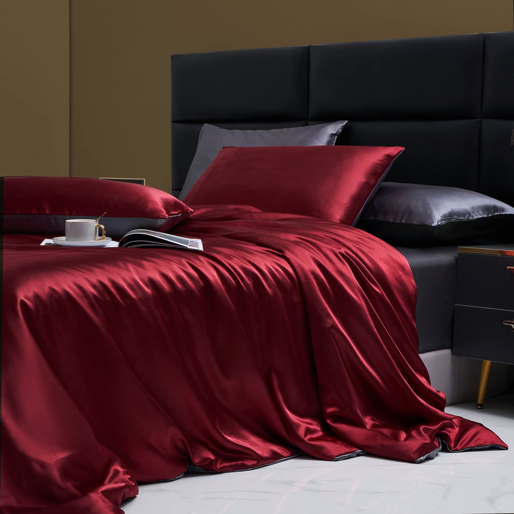 Ropa de cama de satén, 200 x 220 cm, color rojo vino, gris oscuro, reversible, de alta calidad, elegante, satén, 3 piezas, con cremallera y 2 fundas de almohada de 80 x 80 cm