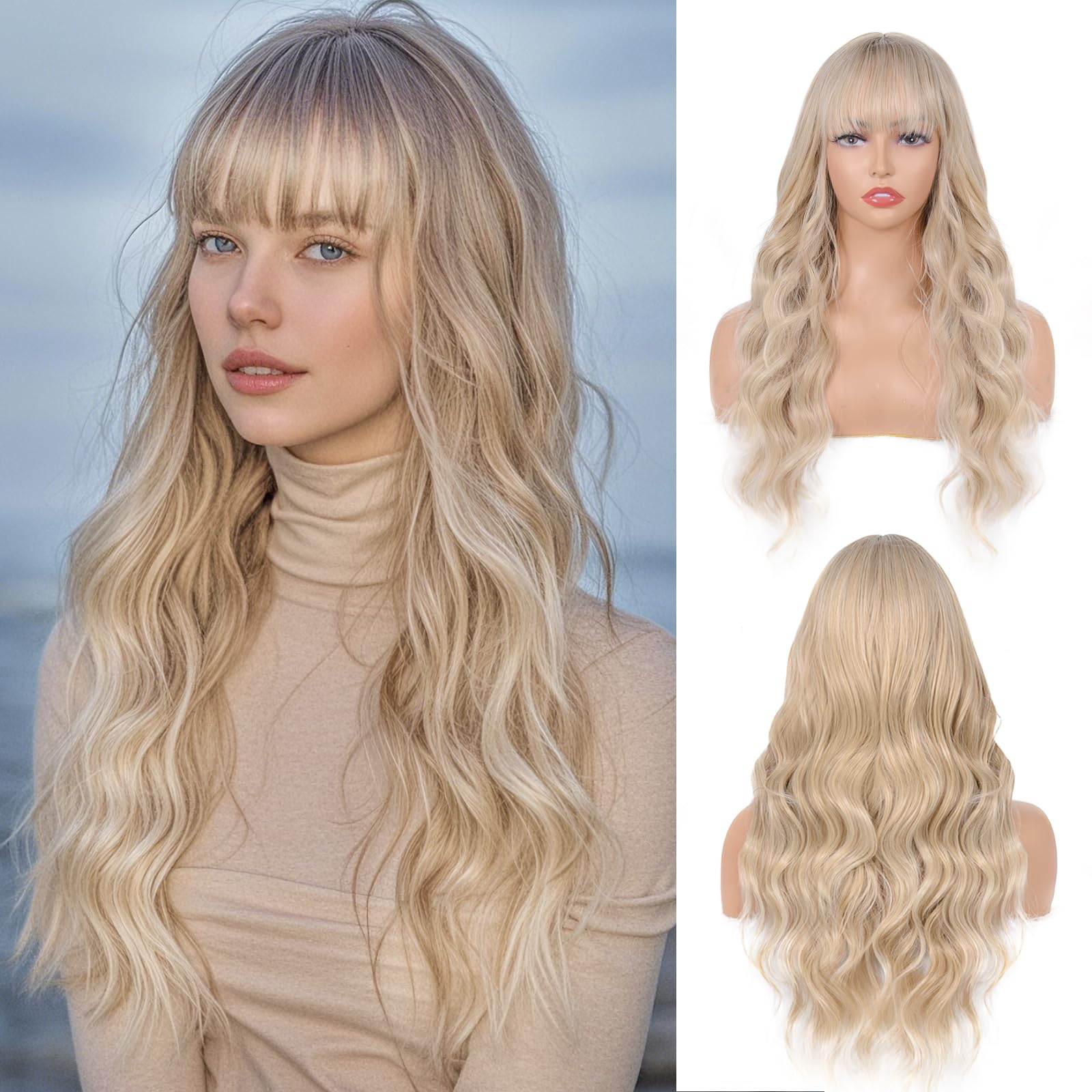 T-color Ash Blonde Wig with Bangs Long Wavy Curly Synthetic Heat-Resistant Wig for Women Natural-Looking for Daily Wear Cosplay and Halloween Party 28