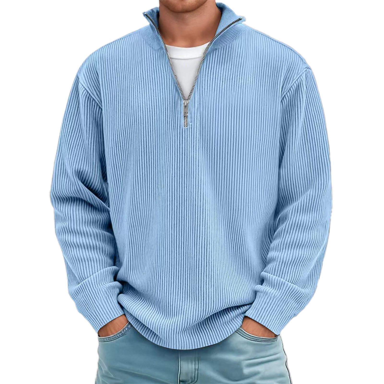 Generisch Sweatshirt Herren Zip Neck Ohne Kapuze Männer Sweater Soft Pullover mit Reißverschluss Winter Warm Langarmshirt Regular Fit Arbeitspullover Fleecepullover