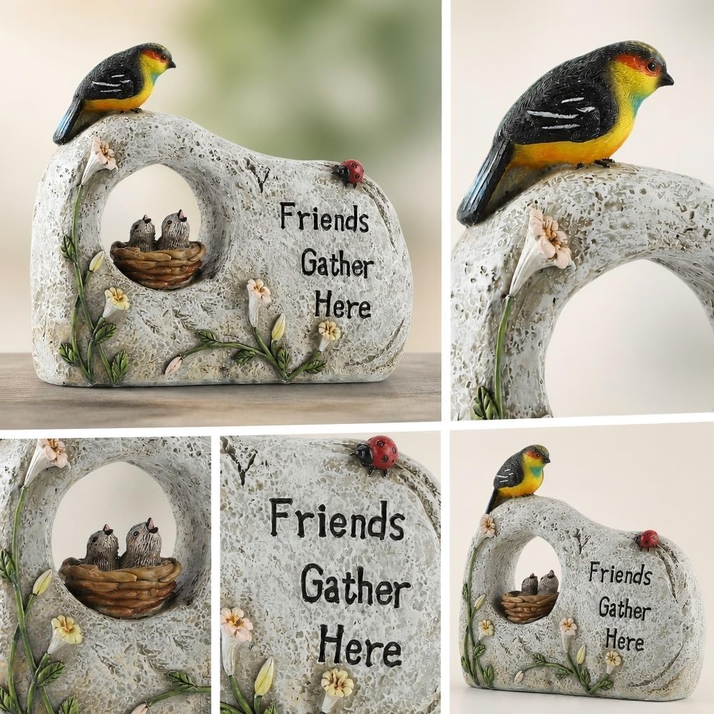 Bird Garden Statue Resin Outdoor Garden Decor with Nest, Flowers and Ladybug, Faux Stone Garden Ornament with Sentiment Accent for Patio Lawn Yard Porch or Indoor Entryway