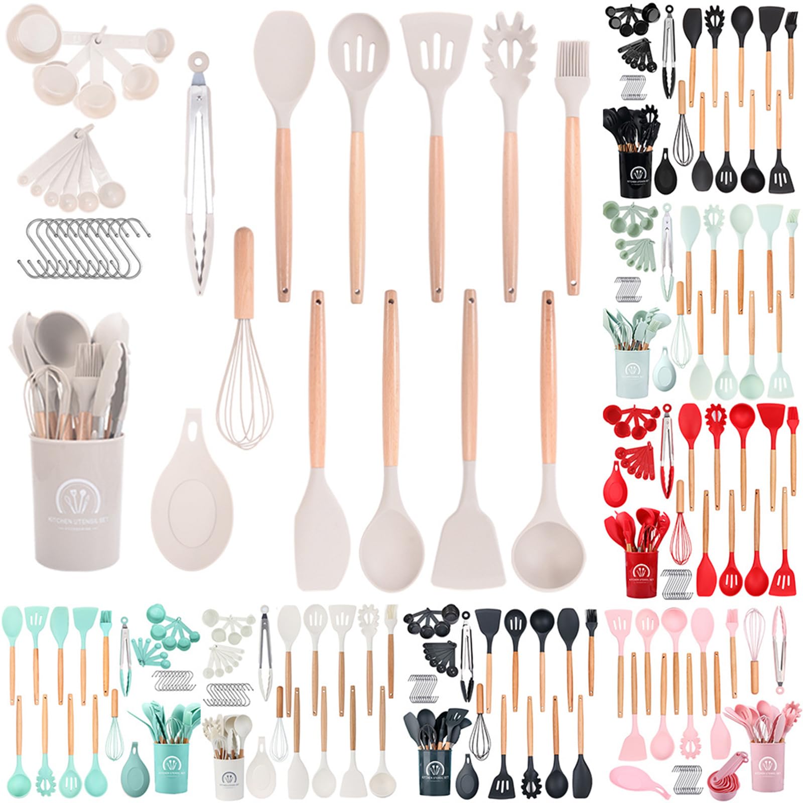 Juego de 24 espátulas de silicona, juego de utensilios de silicona con mango de madera, espátula de cocina de silicona multiusos, antiadherente, con cubo de almacenamiento