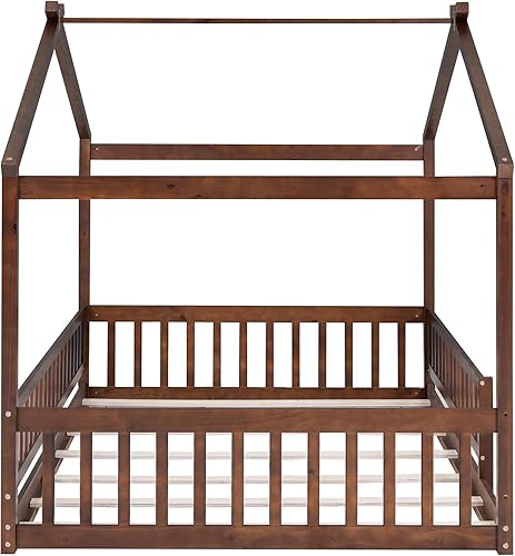 Miniatura 5 de Cama de casa tamaño matrimonial con barandillas de valla, marco de cama de madera estilo Montessori para niños, divertidas camas de casa de juegos