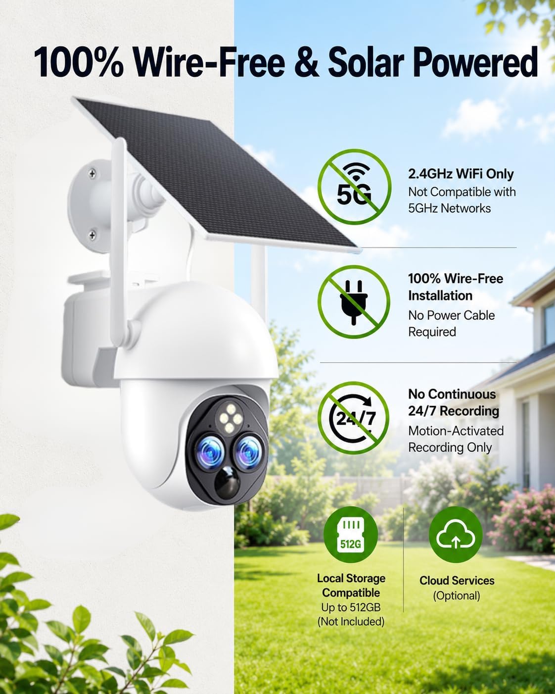 2 Pack Solar Security Camera Wireless Outdoor, 3MP Dual Lens 2.4GHz WiFi Camera with 10X Zoom, 360° PTZ, PIR Human Detection, Color Night Vision, 2-Way Audio, Support Max 512GB SD/Cloud, IP65 4